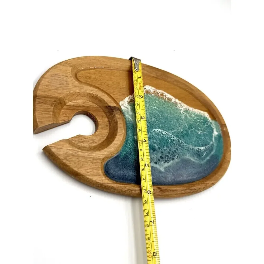 Handmade Round Wood & Resin Ocean Wave Serving Tray 9” Glossy Brown